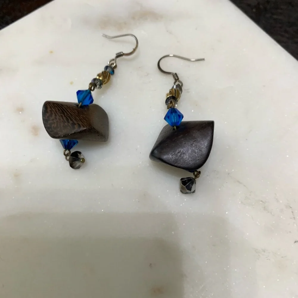 Boho dangly brown wood, royal blue Swarovski crystal bead dangle earrings